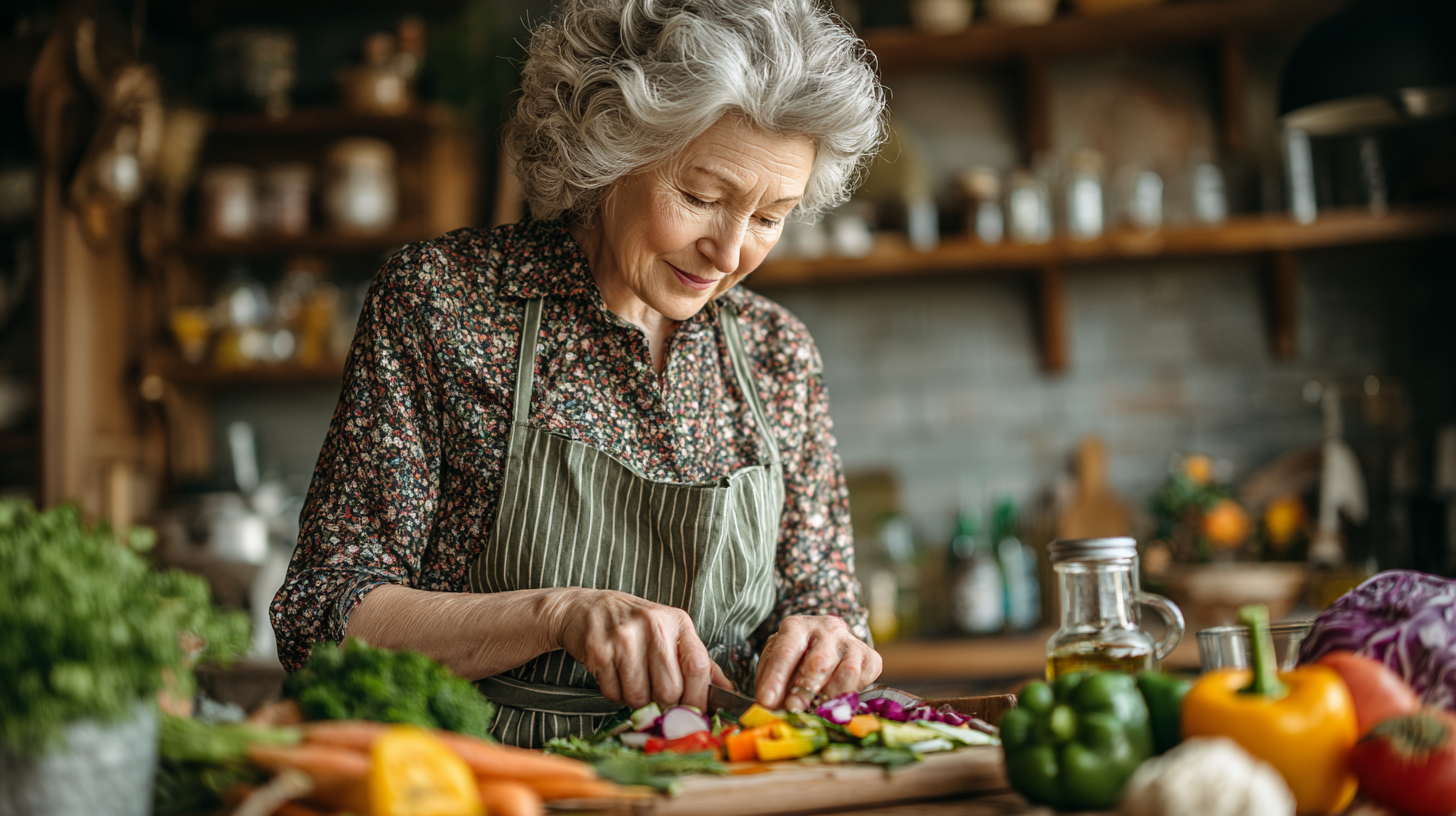 Старша жінка готує здорову їжу з натуральних продуктів